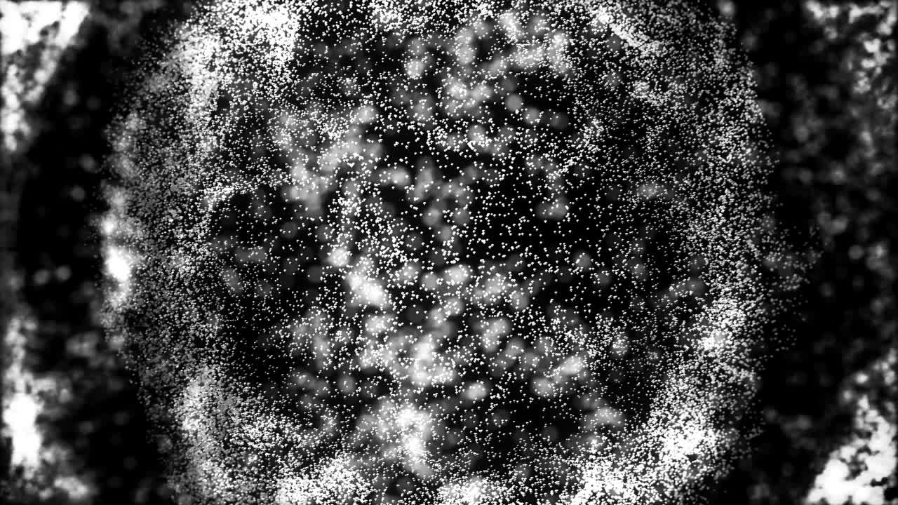 animación 3d abstracta. partículas de audio blanco que reaccionan moviéndose caóticamente sobre un fondo negro.