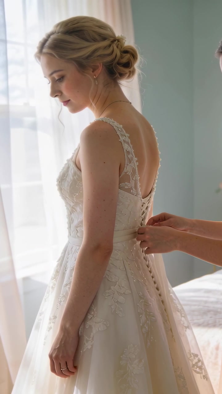 Vertical video: Standing bride in lace gown, helper reaching and pulling laces at window, readying