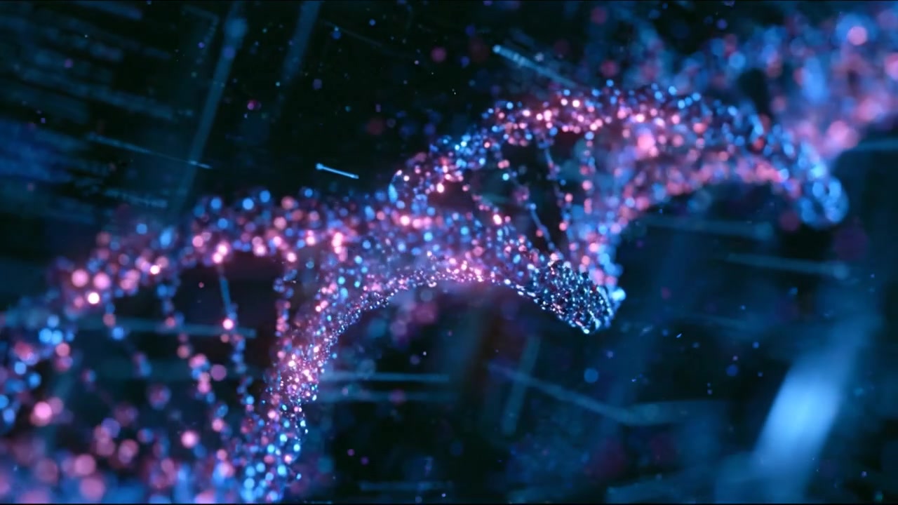 Colorful DNA Double Helix Moving Through a Dark Molecular Biology Scene