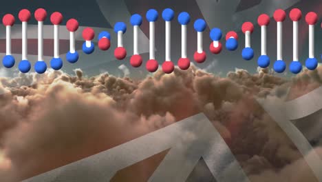 Animation-of-dna-over-american-flag-and-clouds