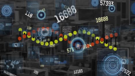 Animación-De-La-Cadena-De-ADN,-Escaneo-De-Alcances-Y-Procesamiento-De-Datos-Financieros.