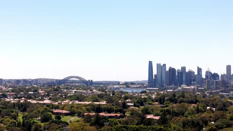 expansive city skyline with iconic bridge, a panoramic view from a suburban vantage point