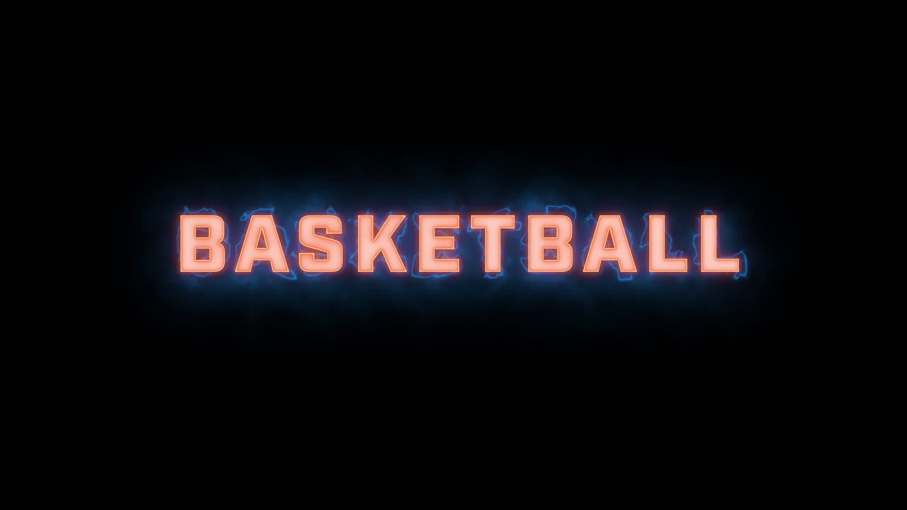 A short high quality motion graphic typographic reveal of the words "basketball" with various colour options on a black background, animated in and animated out with electric, misty elements