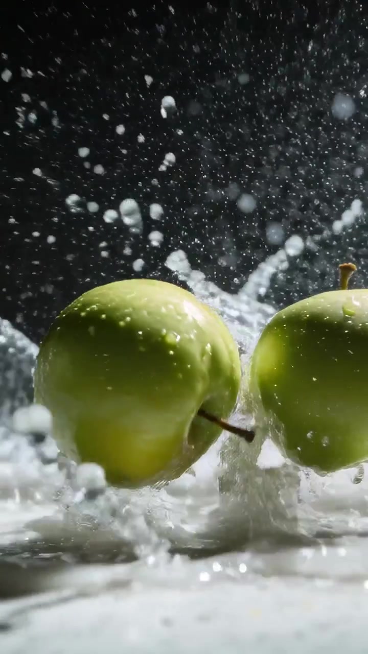 Video verticale: Due mele verdi con gambo che cadono, creando uno schizzo a corona in una piscina da studio, con gocce.