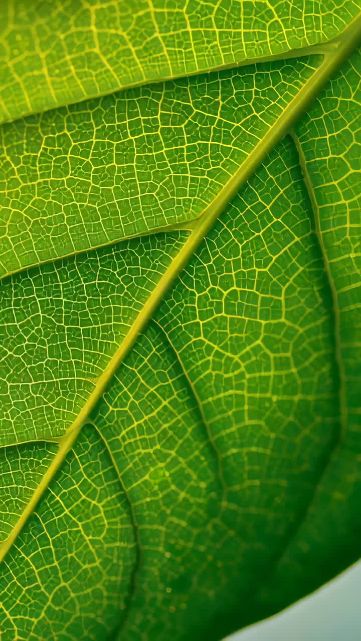 Vertical video: Showing green leaf drifting due to camera movement in closeup, highlighting midrib