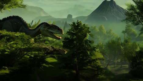 baryonyx atraviesa una exuberante selva prehistórica, mostrando una vibrante flora y fauna. un majestuoso volcán se vislumbra en el fondo, añadiendo al dramático paisaje de la era mesozoica