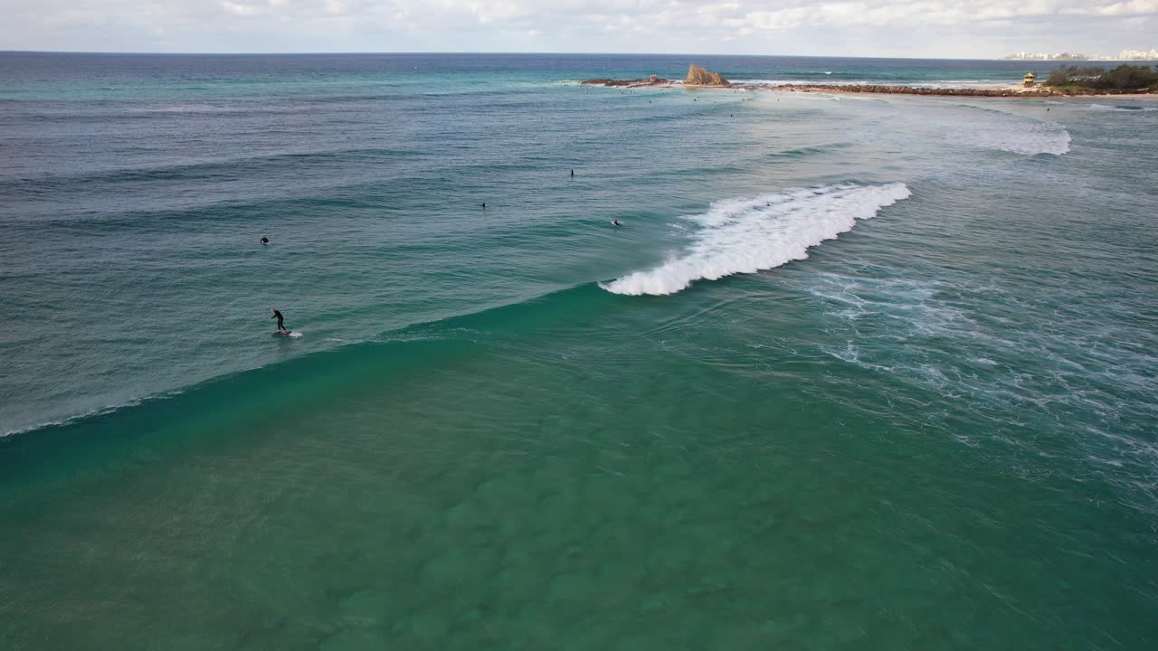 Surfers In Palm Beach, Gold Coast, Queensland, Australia - Drone Shot