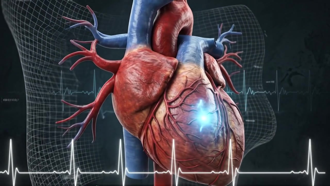 Anatomical Human Heart Pumping Within a Futuristic Technological Grid Frame