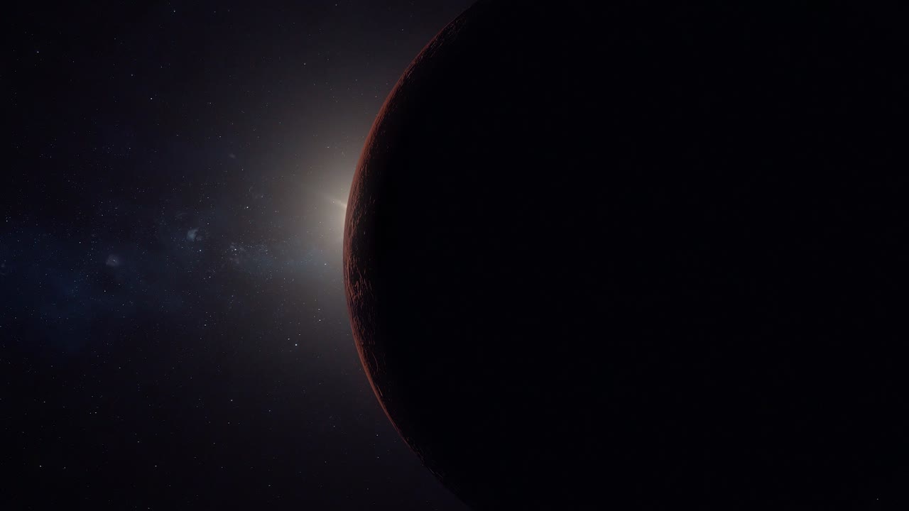 Closeup view of Mars from space, Sun, earth and moon far away in starry universe, can be used for sci fi videos