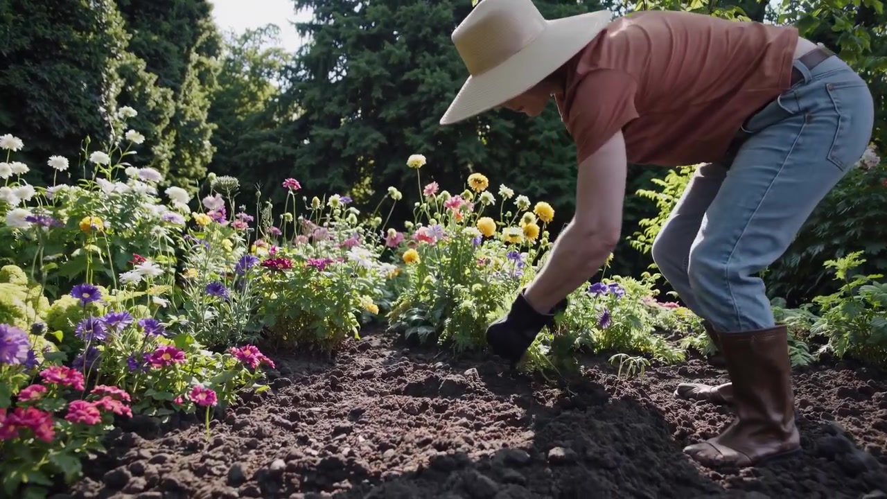 Gardener Planting Flowers in a Sunny Garden Bed