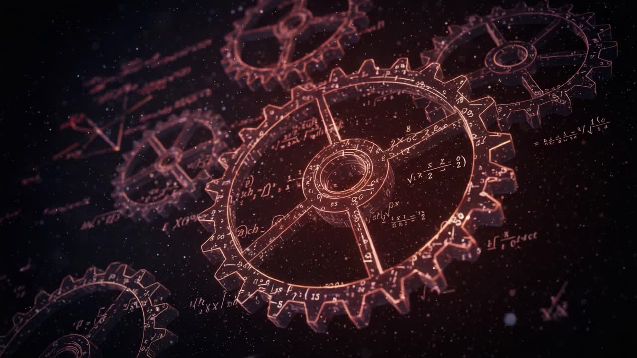 Intricate Gears Interwoven with Mathematical Equations: A Stunning Representation of Mechanics and Mathematical Concepts in a Dark Cosmic Background