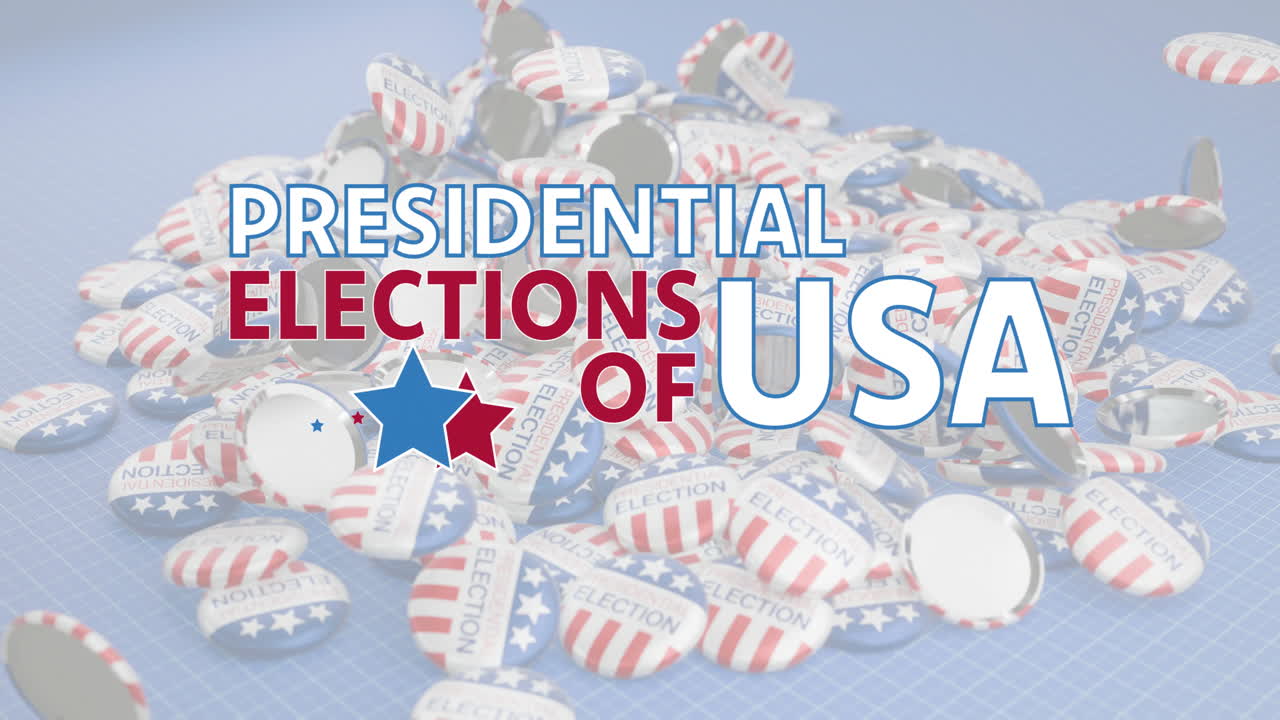 Animation of presidential elections of usa text over falling american flag election badges