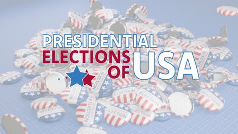 animation of presidential elections of usa text over falling american flag election badges