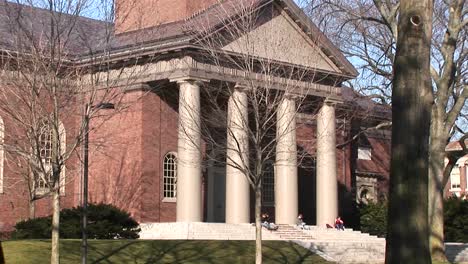 the camera pans up this classic architectural style church on harvard's campus