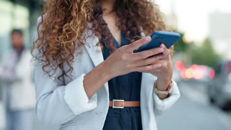 Hands-typing,-phone-and-internet-in-city-on-social