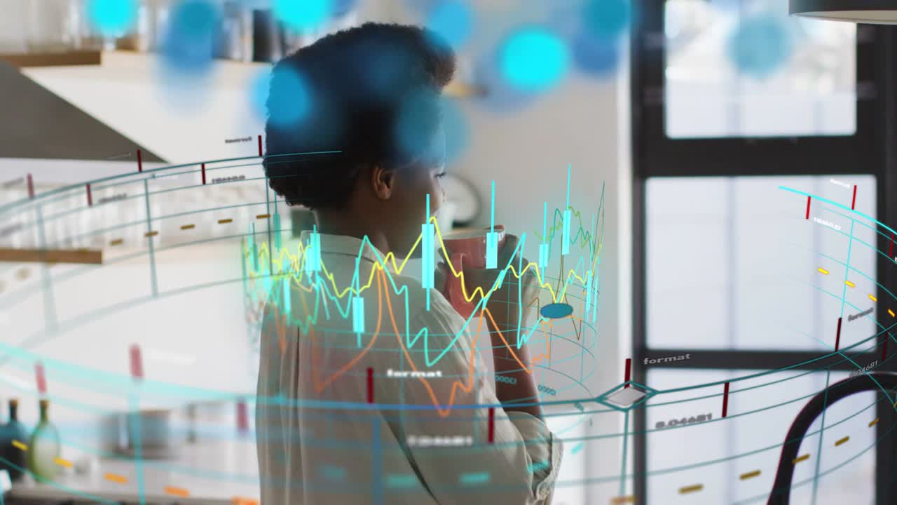 Woman holding mug, sipping as animated finance charts appearing over woman, monitoring portfolio