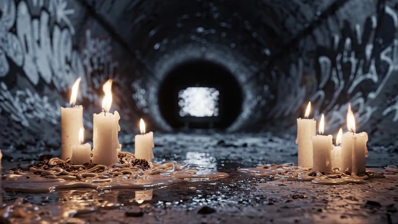 Un misterioso tunnel urbano illuminato da tremolante luce di candela e circondato da graffiti, che conduce a uno schermo inquietante e illuminato nelle profondità.