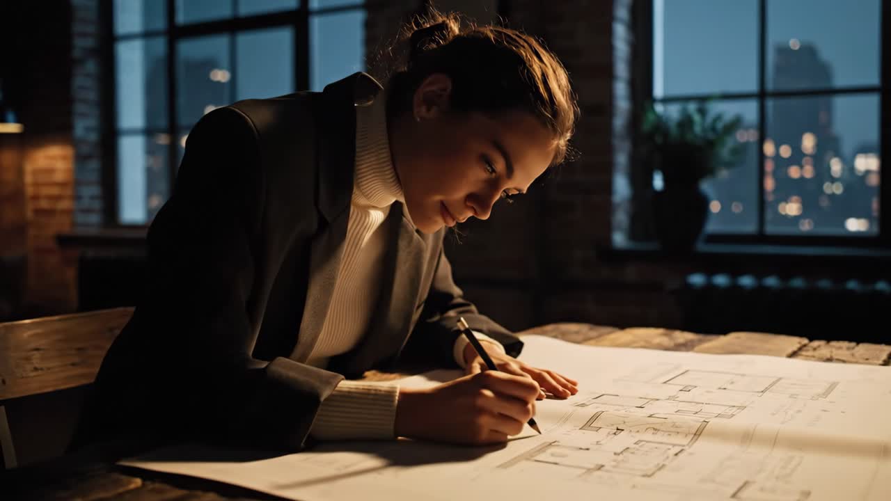 Woman Architect Working on Blueprint at Night