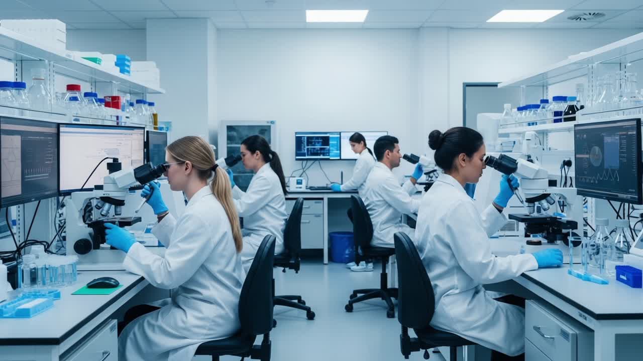 Scientific Research in a Modern Laboratory: A Group of Scientists Analyzing Samples Using Microscopes and Advanced Technology for Innovative Discoveries