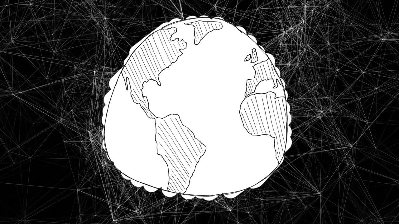 Animation of network of connections with globe on black background