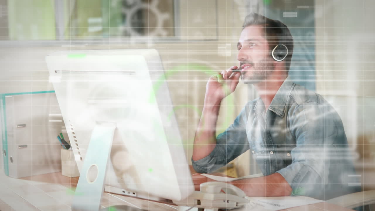 Animation of data processing over businessman using computer