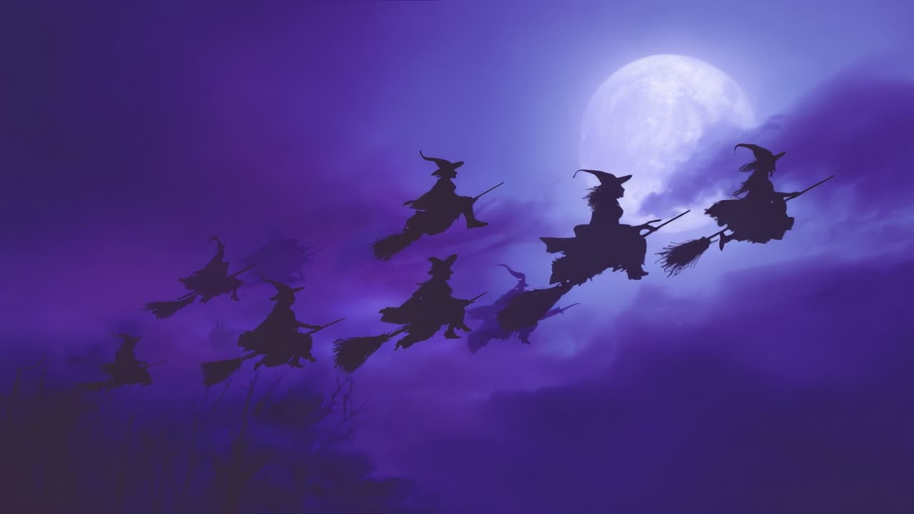 Un volo mistico: streghe che volano nella notte illuminata dalla luna a cavallo di scope, creando un'incantevole scena di magia e mistero nel cielo crepuscolare