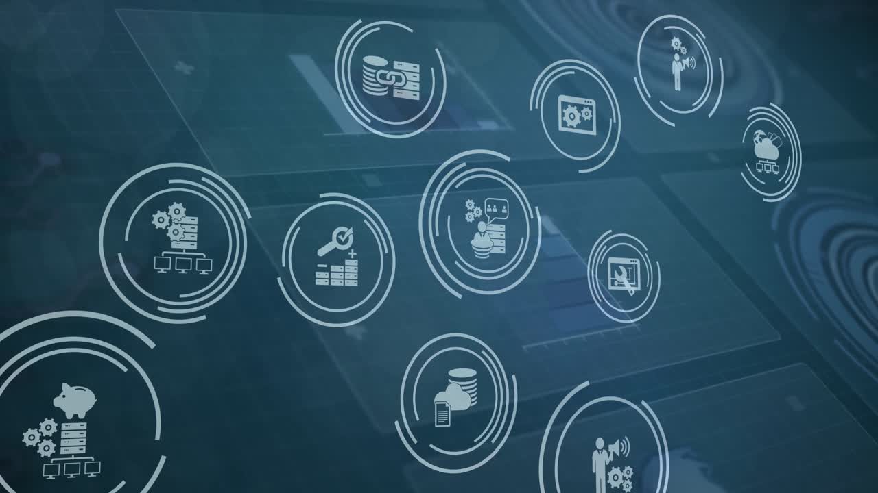 Animation of financial tool icons over digital screens with data processing