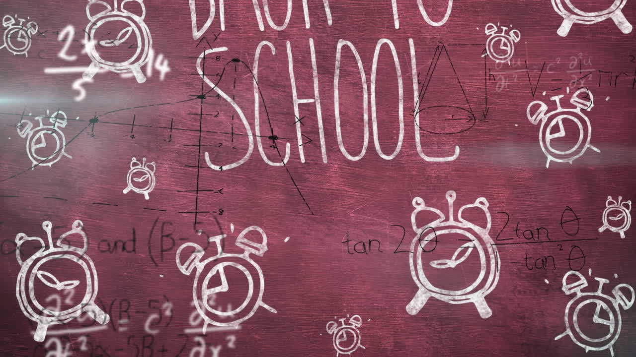 학교로 돌아가는 텍스트와 빨간색 배경 위에 떨어지는 알람 시계의 애니메이션