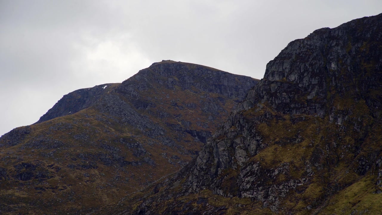 Plano estático de duas montanhas munro em uma charneca nos vales e colinas ao redor de Glasgow. Filmado nas Terras Altas da Escócia.