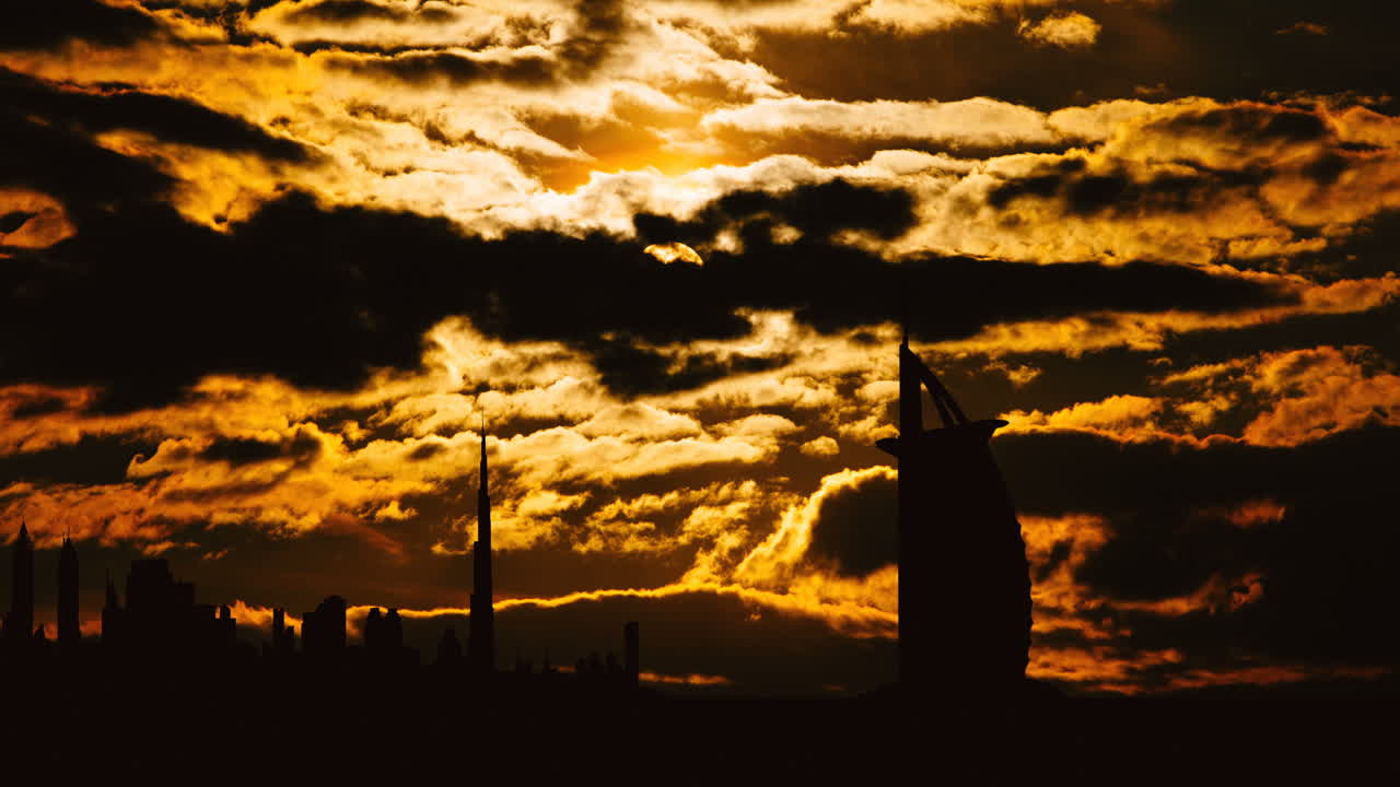 Dubai Skyline at Sunset with Dramatic Clouds