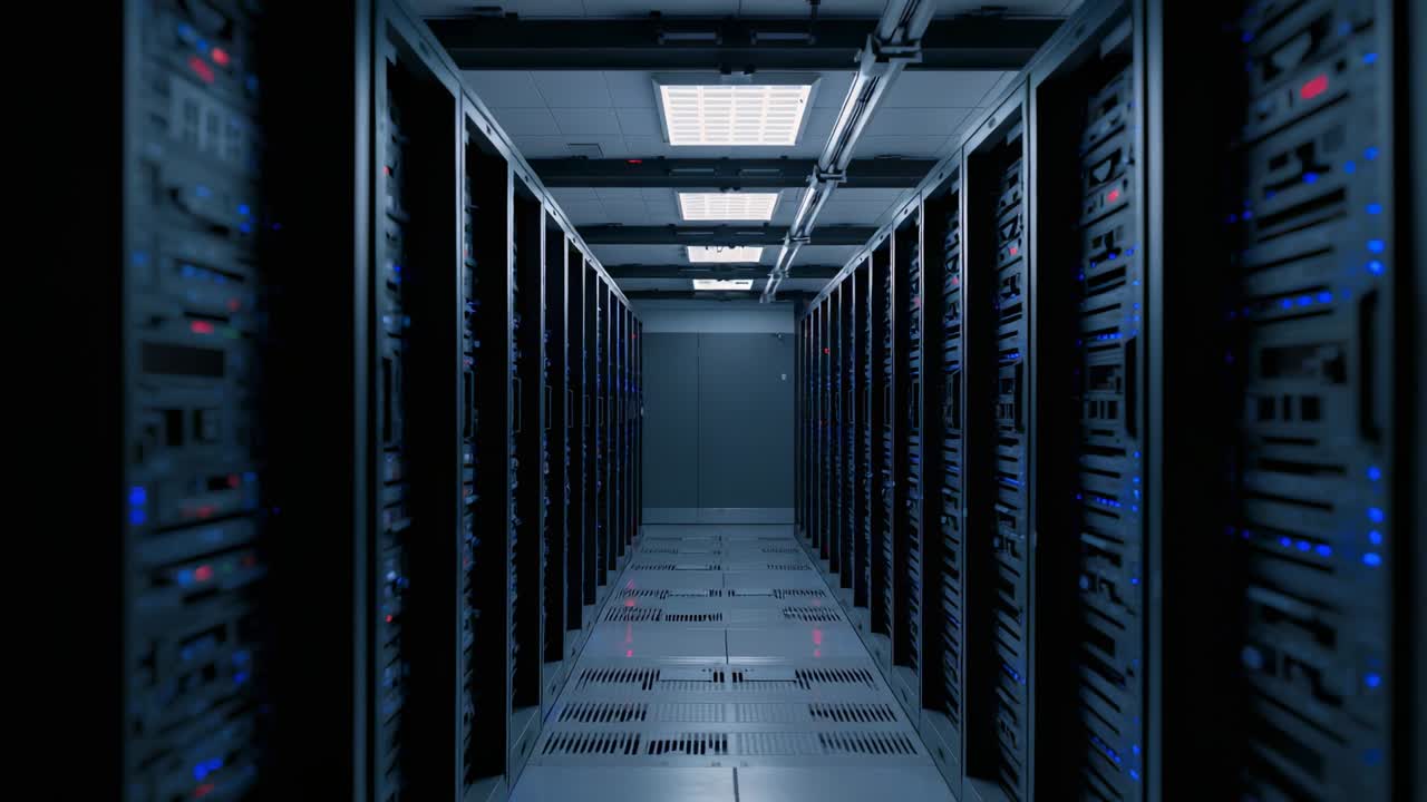 Overhead lights brightening causing camera moving server room corridor, with rack LEDs