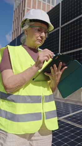 woman engineer inspecting solar panels