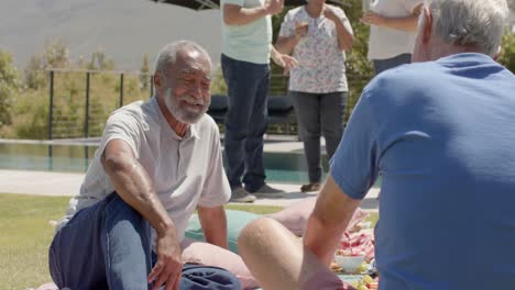 happy diverse senior male friends talking at picnic in sunny garden, unaltered, in slow motion