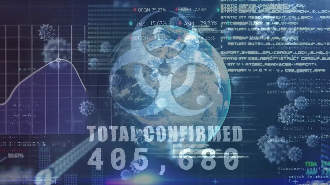 대규모 코로나19 세포가 떠다니면서 확진자 수가 증가하는 위험 신호의 애니메이션