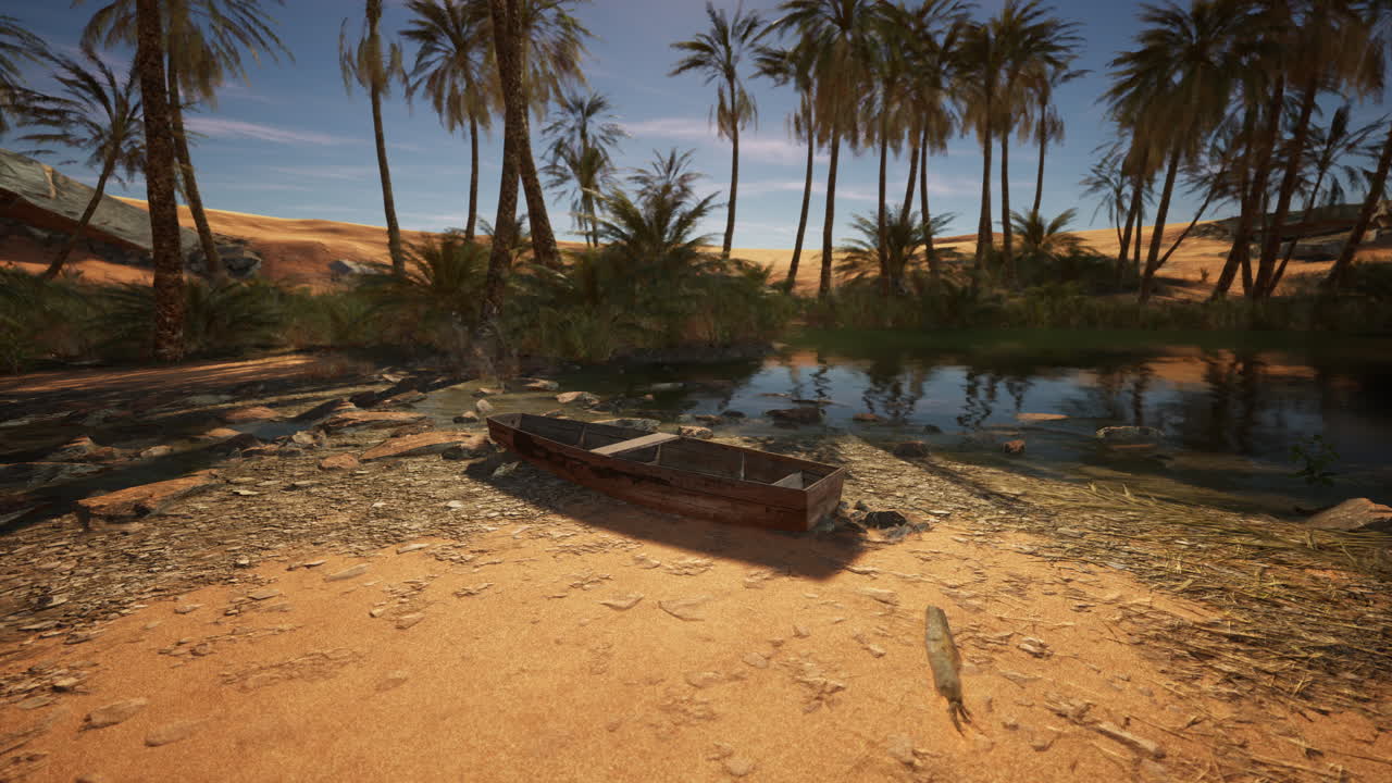 un pequeño barco de madera descansa en la orilla arenosa de un oasis en el desierto