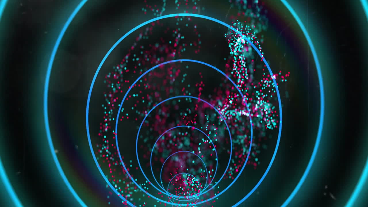 Digital glowing cyan circles creating tunnel while magenta and turquoise particles drifting inward