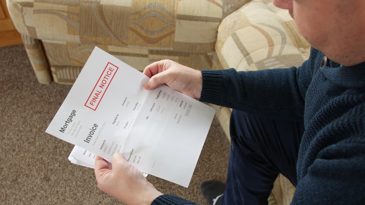un hombre está abriendo una carta de deuda en casa