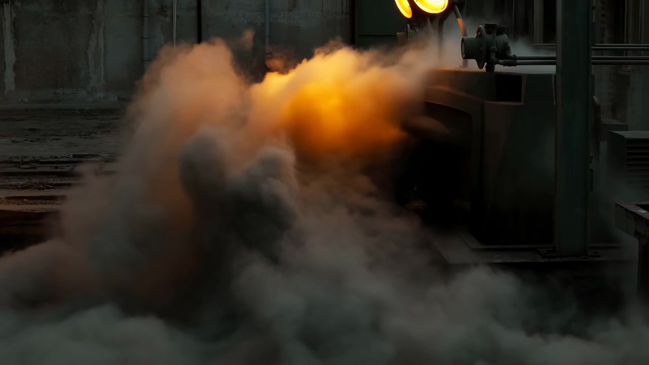 Cronologia dinamica della combustione di un forno industriale dall'accensione iniziale al picco di combustione: l'ugello del forno al centro-destra emette una fiamma arancione-gialla brillante.