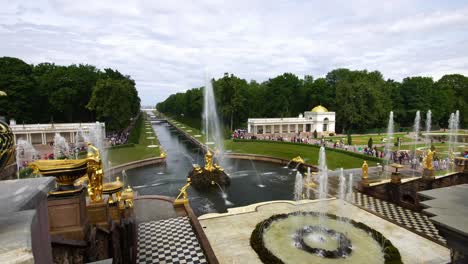 tracking shot showing vase at the grand palace park peterhof, saint petersburg, russia