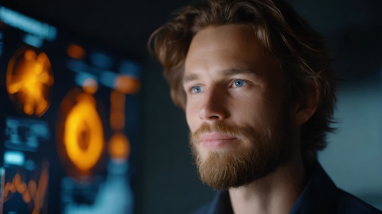 A Thoughtful Individual Contemplating Data Visualizations in a Dimly Lit Room with a Focus on Advanced Analytics and Modern Technology, Capturing the Essence of Innovation and Insightful Decision-Making