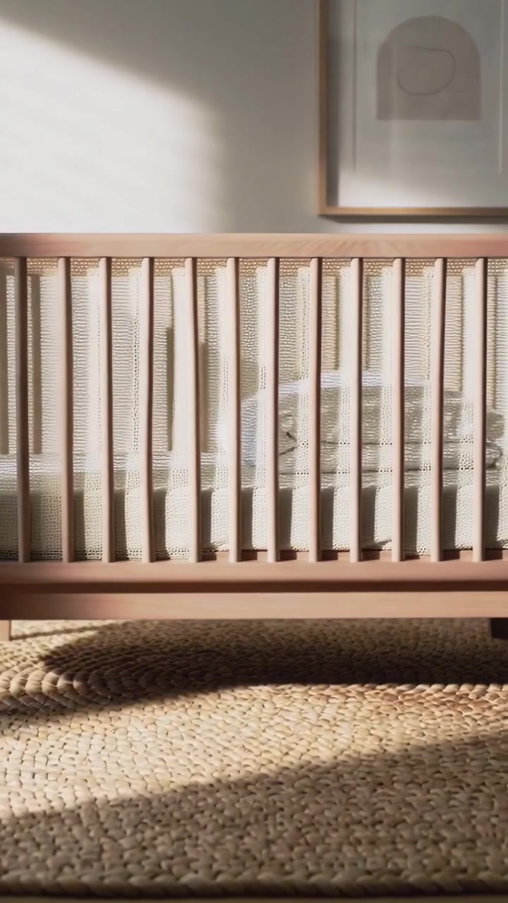 Vertical video: Sliding white object after appearing, moving across wooden crib mattress at nursery
