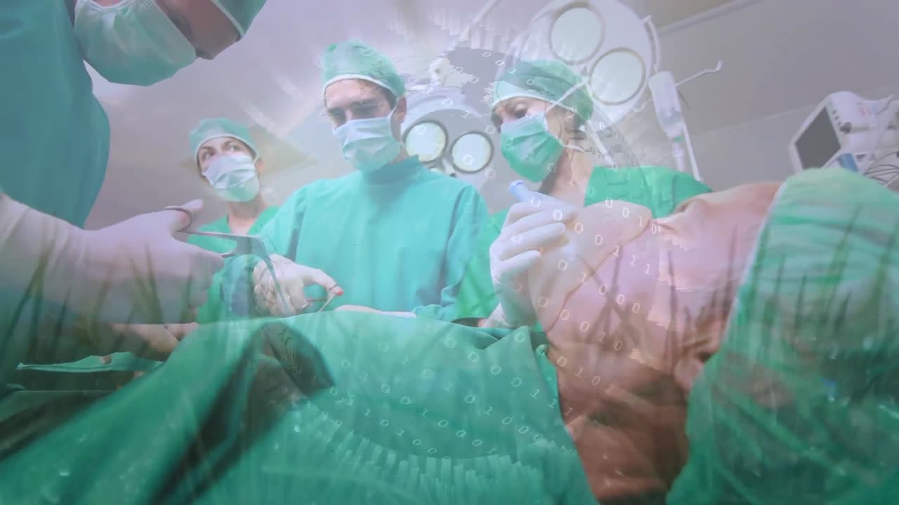 animación del globo sobre la hierba contra el equipo de cirujanos que realizan la operación en el hospital.