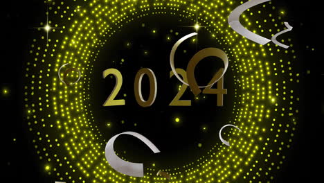 Animation-of-2024-text,-gold-and-silver-streamers-on-black-background