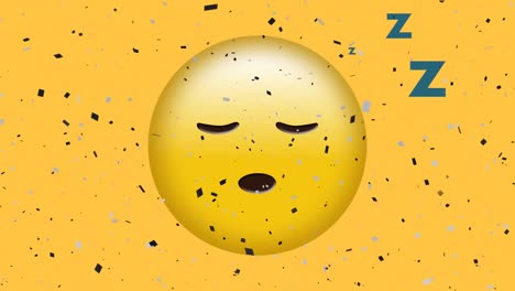 Animación-De-Confeti-Cayendo-Sobre-Emoji-Dormido-Sobre-Fondo-Amarillo