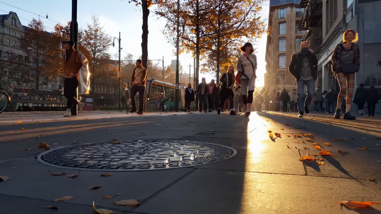 Wideo z niskiej perspektywy ruchliwej ulicy miejskiej o zachodzie słońca, ukazujące sylwetki i złote światło.