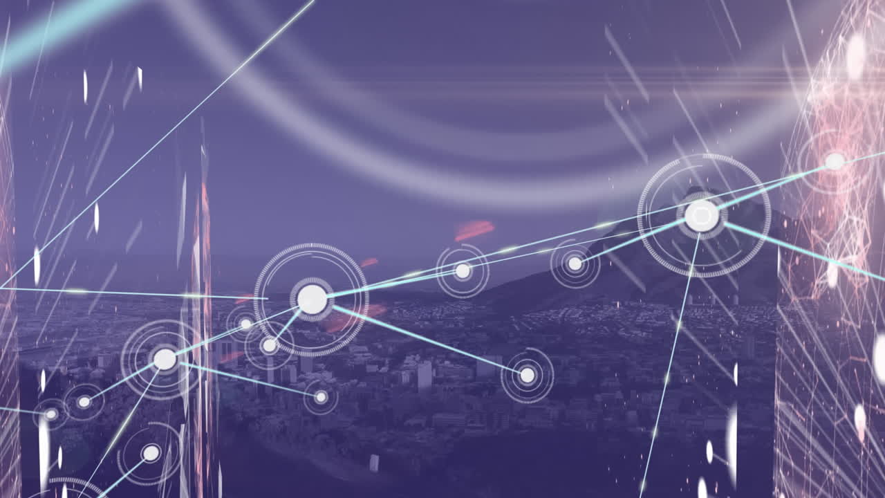 animación de la red de conexiones con iconos sobre el paisaje urbano