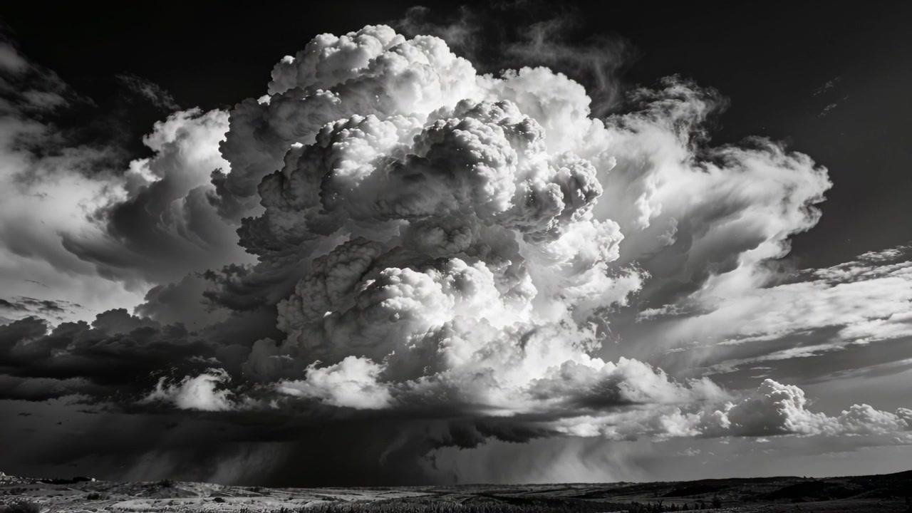 Developing cumulonimbus building from updrafts over plains, producing rain shafts