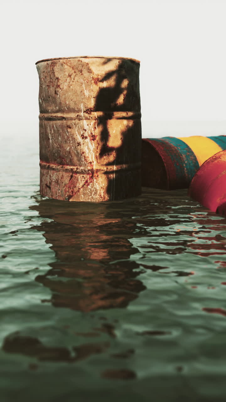 barriles oxidados flotando en agua contaminada