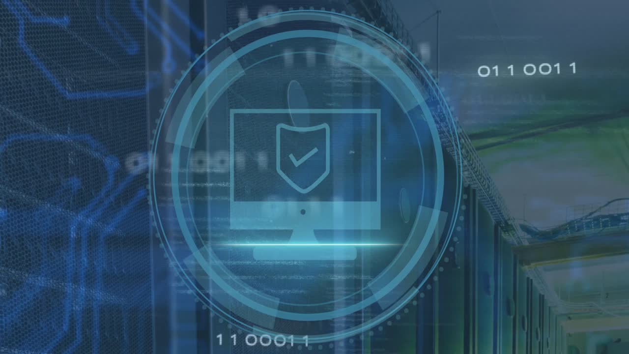 animación del icono de la computadora y procesamiento de datos a través de servidores de computadoras