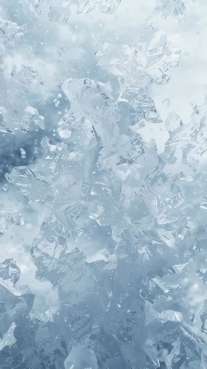 Video verticale: primi piani macro con cattura della luce, colonna di cristallo che si sposta e rilascia particelle